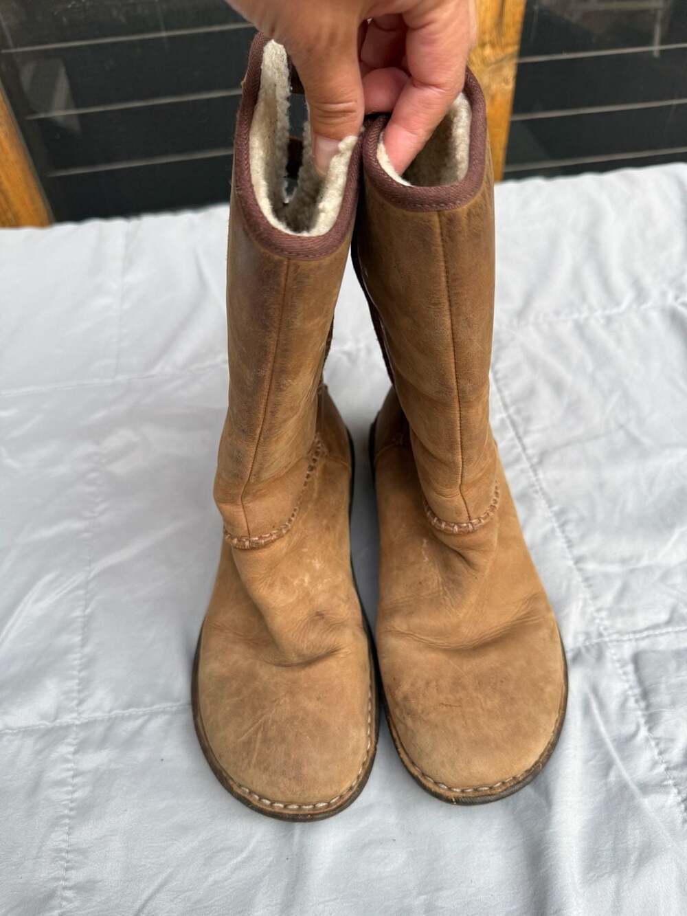 UGG Haywell Tan Leather Shearling Mid-Calf Boots Size 8